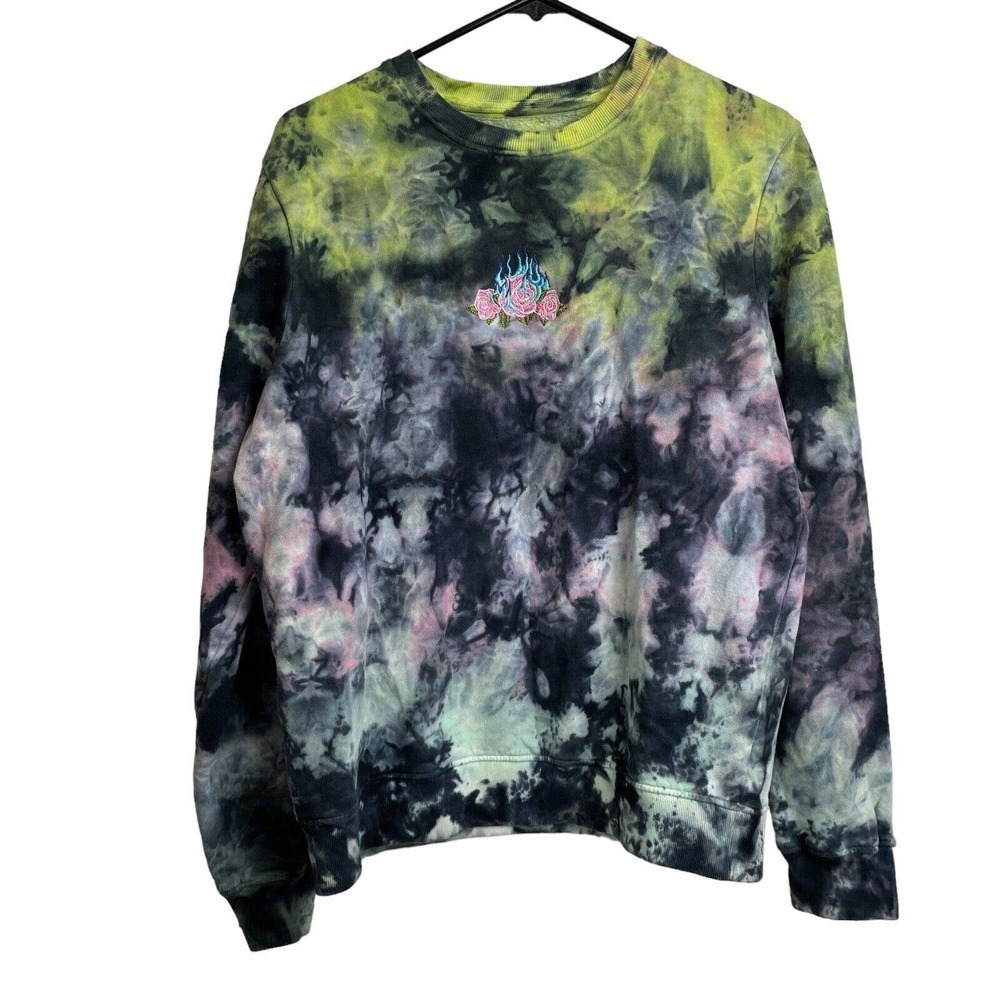 Blind Rooster Sweatshirt Medium Pullover Tie Dye Floral Embroidered Soul On Fire